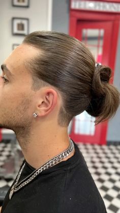 Men Long Hair Bun, Shaved Long Hair, Long Hair Shaved Sides, Guy Haircuts Long, Men Haircut Curly Hair