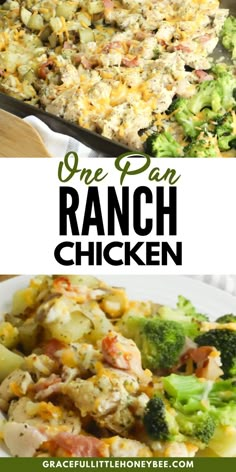 one pan ranch chicken casserole with broccoli on the side and another dish in the background