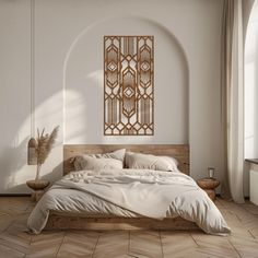 a large bed sitting under a window next to a wooden headboard and foot board