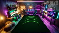 an image of a living room setting with neon lights on the walls and green carpet