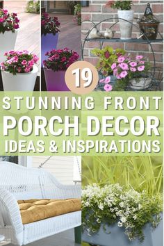 some white chairs with flowers in them and the words, stunning front porch decor ideas & inspirations