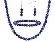 6-7mm Blue Lapis Lazuli Rhodium Over Sterling Silver Earrings, Bracelet, And Necklace Set. Earrings Measure Approximately 1.47"L x 0.27"W. Fishhook Backing. Necklace Measures Approximately 20"L x 0.27"W. Lobster Claw Clasp. Stretch Bracelet Measures Approximately 7.25"L x 0.27"W. No closure. Formal Hypoallergenic Jewelry With Round Beads, Hypoallergenic Round Bead Jewelry For Formal Occasions, Hypoallergenic Formal Jewelry With Round Beads, Formal 8mm Beaded Bracelet, Sapphire Jewelry With 8mm Beads, Blue Jewelry Sets With Round Beads As A Gift, Sapphire Jewelry With 8mm Beads As Gift, Blue 8mm Bead Jewelry For Gift, Blue Jewelry With 8mm Beads As Gift