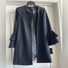 New, Size: P/P, Color: Black. Front Zip, Ruffle Sleeves. For More Details Please Check The Attached Pictures. Chic Fitted Lined Outerwear, Chic Long Sleeve Lined Outerwear, Long Blazer, Ruffle Sleeves, Colored Blazer, Petite Size, Blazer Suit, Suit Jacket, Jackets & Coats