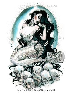 a drawing of a mermaid sitting on top of skulls with her hand in her mouth