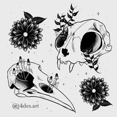 skulls and flowers are drawn in black ink