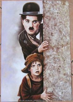 a painting of two children peeking out from behind a wall