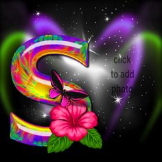 the letter s is decorated with flowers and butterflies on a black background that says, click to add photo