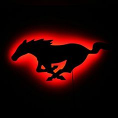 the silhouette of a horse is shown against a dark background with red light in the foreground