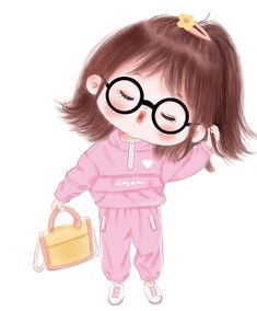 a drawing of a girl with glasses holding a purse and looking down at her hair