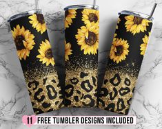 three sunflower tumblers with leopard print and gold glitter on the bottom, one is black