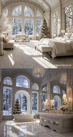 two pictures of a large white room with windows and christmas trees in the corner,