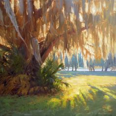 an oil painting of a large tree in the grass with sunlight coming through it and trees on either side