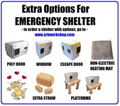 the instructions for an emergency shelter are shown in this poster, which includes several different types of shelters