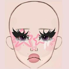 Clown Makeup Star Eyes, Pink Vampire Makeup, Clown Makeup Looks Drawing, Halloween Makeup Pink, Face Chart Makeup Ideas, Makeup Ideas Drawing, Cat Makeup Look, Clown Makeup Looks, Zero Makeup