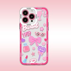 an iphone case with pink and white stickers on the back, featuring various items