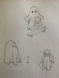 two drawings of ghost on skateboards and one is wearing a hat, the other has a cape