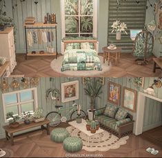 the interior of a dollhouse with furniture and decor in it, including a bed