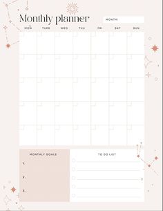 the month planner is shown with stars and moon shapes on it, as well as a pink