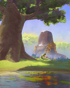 an image of a cartoon scene with a tree and some animals in the grass next to a body of water