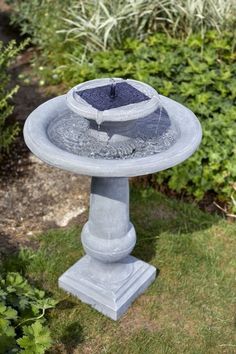 a bird bath sitting on top of a cement pedestal in the grass next to plants