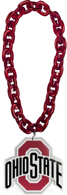 a red and white necklace with the word ohio state on it's center link