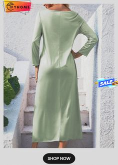 Floral Loose Casual Crew Neck Dress Long Green Solid Color Dress, Long Sleeve Dress For Vacation, Solid Shift Dress For Vacation, Solid Shift Midi Dress For Vacation, Spring Stretch Plain Dresses, Plain Spring Dress For Day Out, Green Non-stretch Midi Dress, Solid Color Non-stretch Midi Dress, Plain Dresses For Day Out In Spring