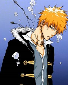 an anime character with orange hair and piercings on his ears, wearing a black jacket