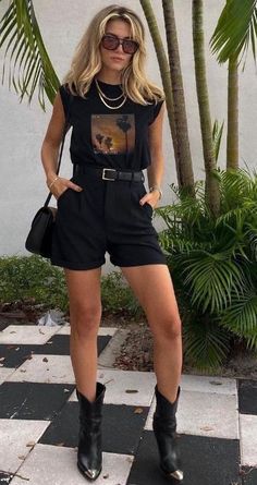 https://icecreamandneondreams.com/festivalstyle/ All Black Edgy Outfit Street Styles, Blazer Outfits With Graphic Tee, Tan Pointy Heels Outfit, Western Boots And Shorts Outfit, Steakhouse Outfit Dinners Summer, Biker Bar Outfit, Boot Shorts Outfit, Black Short Cowboy Boots Outfit, Cowgirl Boots Casual Outfit