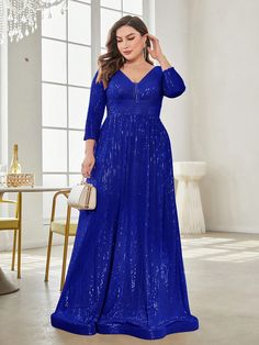 Royal Blue  Collar Three Quarter Length Sleeve Sequins Plain A Line Embellished Medium Stretch All Weddings & Events Plus Prom Dresses, Royal Blue Prom Dresses, Ruffle Trim Dress, Sequin Party, Party Dresses Online, Eve Outfit, Sequin Party Dress, Long Sleeve Sequin