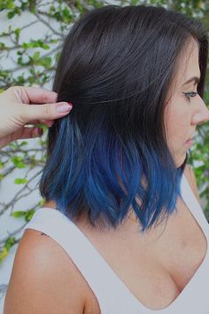 Bob With Blue Underneath, Brown To Blue Ombre Hair Short, Blue Dip Dye Hair Brunette, Undercut Highlights, Dyed Tips Hair Brunettes, Dark Blue Bob, Purple And Blue Highlights, Blue Tips Hair, Denim Blue Hair