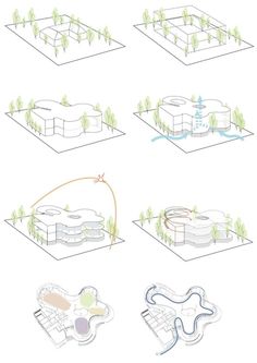 several diagrams of different buildings and trees