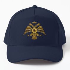 a blue hat with an eagle on the front and two gold birds on the back