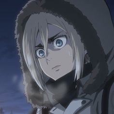 an anime character with long hair and blue eyes looks at the camera while staring into the distance