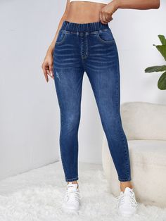 Elastic Waist Skinny Jeans Dark Wash Casual   Denim Plain Skinny High Stretch  Women Clothing, size features are:Bust: ,Length: ,Sleeve Length: Fitted Jeans Outfit High Waist, Cheap High-waisted Jeans With Elastic Waistband, High-waisted Denim Blue Pants With Elastic Waistband, Cheap Full-length Jeans With Elastic Waistband, High-waisted Denim Blue Jeggings With Pockets, High-waist Blue Denim Jeggings, Elastic Waist Jeans, Jeans Outfit Casual, Jeans Outfit