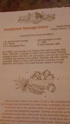 an old recipe book is open to show information on how to make sausage gravy