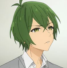 an anime character with green hair and white shirt looking at the camera while wearing a suit