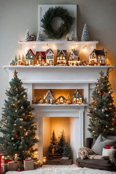 a living room decorated for christmas with lit trees and presents on the mantel shelf