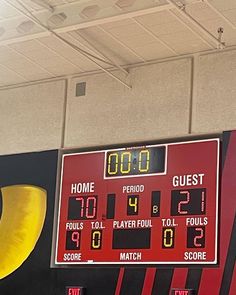 the scoreboard for a basketball game is shown with a banana hanging from it's side