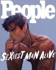 a man with tattoos on his arm and chest sitting in front of the cover of people magazine