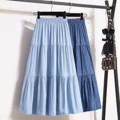 Soft Slik Denim Midi Skirt for Women Blue Jean Elastic Waist Tiered Flared Long Skirt Summer Vintage Long Skirt Types, Light Blue Skirt Outfit Ideas, Unique Skirts Design, Blue Skirt Outfits, Long A Line Skirt, Ice Cool, Cool Denim, Long Jean Skirt, Long Skirt Summer