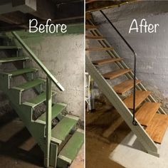 before and after photos of a staircase being painted green with wood steps in an unfinished basement