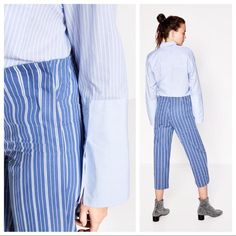 Zara Cropped Trousers With Blue And White Pinstripe. This Pant Has A Snap Button Detail On The Side, No Zips Or Pockets Approx Length Is 35” Please Note Pants Did Not Arrive With A Physical Tag But Came In The Box, I Will Include The Box In The Packaging Blue Striped Pants For Spring, Blue Vertical Stripes Pants For Spring, Blue High-waisted Pants With Vertical Stripes, Blue Relaxed Fit Pants With Vertical Stripes, Blue Straight Pants With Vertical Stripes, Chic Blue Pants With Vertical Stripes, Chic Blue Vertical Striped Pants, Striped Pants For Workwear In Spring, Blue Vertical Stripes Pants For Workwear