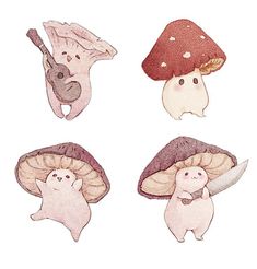 four different types of mushrooms on a white background, each with an animal in the middle