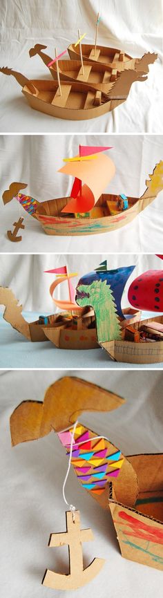 three different views of a boat made out of cardboard and paper with an ornament on it