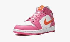 The Air Jordan 1 Mid GS “Pinksicle” is a fun and colorful look for popular silhouette for kids.  The eye-catching design features a white leather base with mesh around the ankle, which is all layered with a bright shade of pink that Nike is dubbing Pinksicle across the rest of the upper.  Orange accents also come into play for the side Swooshes and Jumpman tongue tag. Sneaker Displays, Air Jordan 1 Mid Gs, Sneakers Box, Kobe Shoes, Nike Air Jordan 1 Mid, Basic Hoodie, Sneaker Release, Orange Accents, Stadium Goods