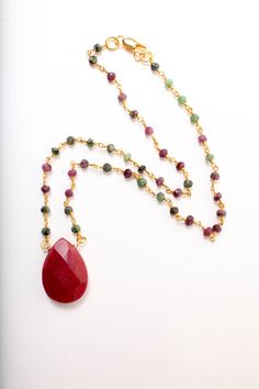 "Ruby Zoisite Beaded Rosary Gold Chain Necklace with Faceted Ruby Jade 18x25 Pear Drop Pendant 16\" Necklace Available in 16\", 18\", 20\", 22\", 24\"" Gift Beaded Necklace With Teardrop Pendant, Teardrop Gemstone Beads Necklaces For Jewelry Making, Teardrop Pendant Beaded Necklace Gift, Teardrop Gemstone Beads Necklace For Gift, Teardrop Faceted Bead Necklace For Gift, Teardrop Necklace With Faceted Beads For Gift, Beaded Chain Necklace With Teardrop Pendant For Jewelry Making, Beaded Drop Necklace With Round Beads As A Gift, Beaded Chain Jewelry With Teardrop Pendant For Gift