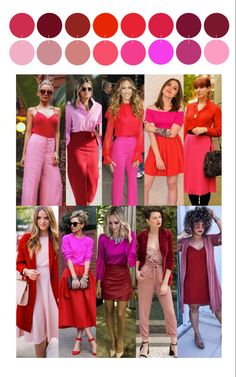 Red And Pink Color Block Outfit, Bright Pink Outfit Color Combinations, Summer Color Outfits Fashion Ideas, Red Dress Color Combinations, Vivid Spring Outfit, Formal Colorful Outfit, Red Pink Outfit Color Combos, How To Pair Red, Orange And Pink Outfit Color Combos