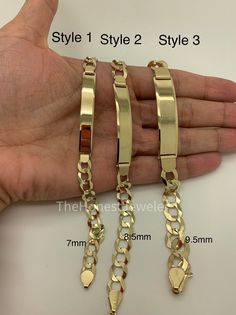 PLEASE USE LAST IMAGE ON LISTING TO CHOOSE FONT NUMBER AND ADD NAME IN NOTES AT CHECKOUT. Item Description:14k Solid Yellow Gold Men's Cuban ID Bracelet. Material: 14k (not filled or plated) . Measurements Approx : Length;8.5 INCHES Style 1: Width of bracelet 7mm - Plate 6.5mm x 40mm - Weight 10.8g Style 2: Width of bracelet 8.5mm - Plate 8mm x 40mm - Weight 14g Style 3: Width of bracelet 9.5mm - Plate 10.5mm x 45mm - Weight 18.5g If you have any questions, please feel free to ask. I am more tha Name Plate Bracelet, Jewelry Vendor, Font Number, Ring Bracelet Chain, Mens Gold Bracelets, Gold Chains For Men, Letter Bracelet, Id Bracelets, Name Bracelet