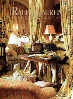 an image of a living room setting with floral curtains and drapes on the windows