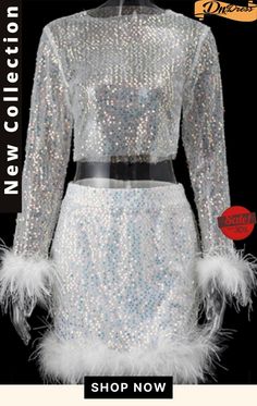 Glitter Mesh Fuzzy Hem Skirts Set Winter Sequin Skirt For Night Out, Glamorous Winter Skirt, Glamorous Winter Party Skirt, Glamorous Winter Mini Skirt For Night Out, Winter Party Skirt With Sequins, Fitted Winter Mini Skirt For Parties, Glamorous Winter Party Bottoms, White Mini Skirt With Sequins For Party, White Sequined Mini Skirt For Party